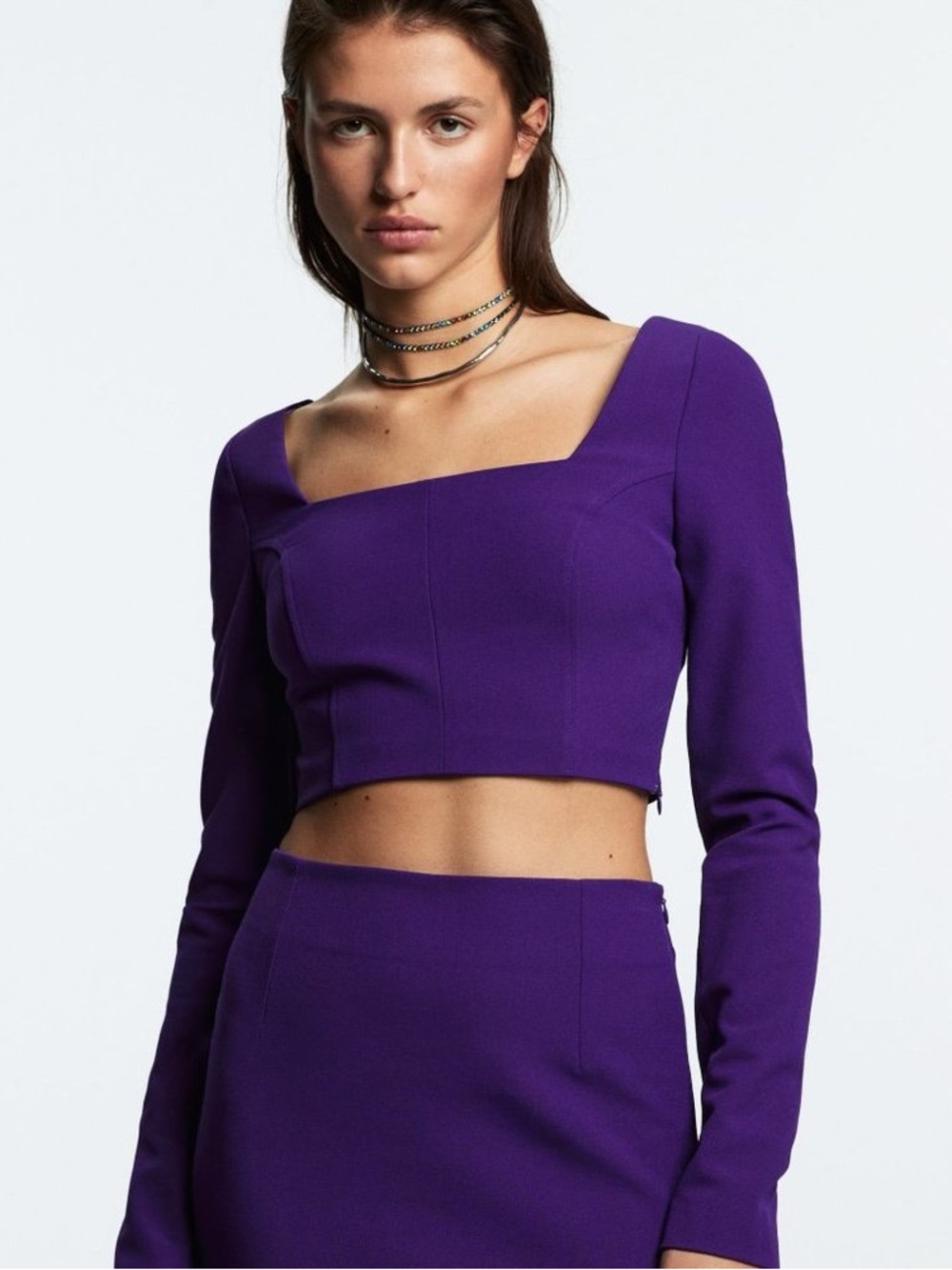 Zara Purple Square-Neck Long Sleeve Crop Top